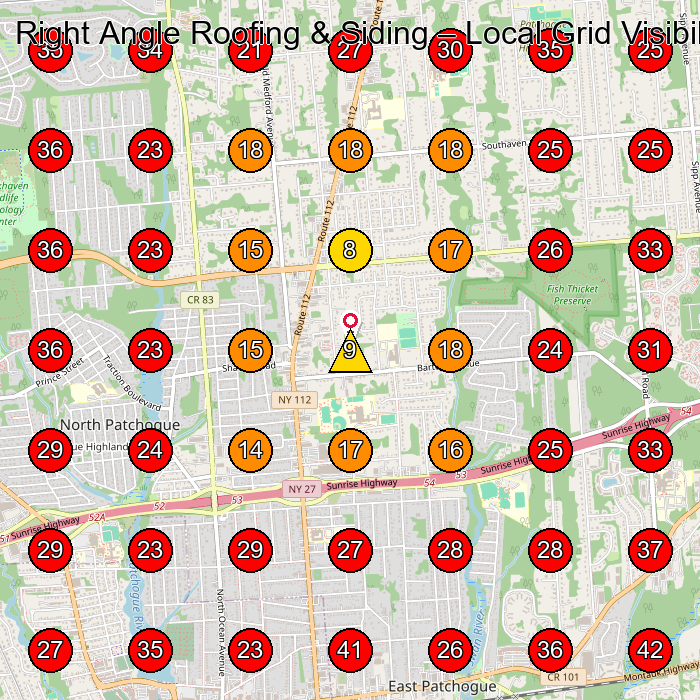 Right Angle Roofing & Siding GeoGrid visibility map for Roofing Contractor in 630 Old Medford Ave